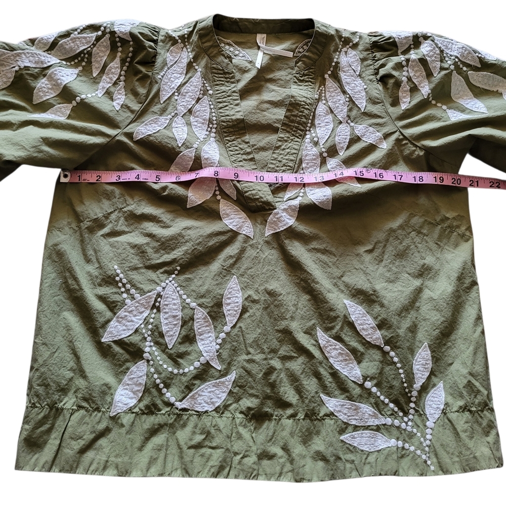 Pre-owned Anthropologie Puff-Sleeve Embroidered Blouse Top Women Sz M Green - Picture 7 of 9